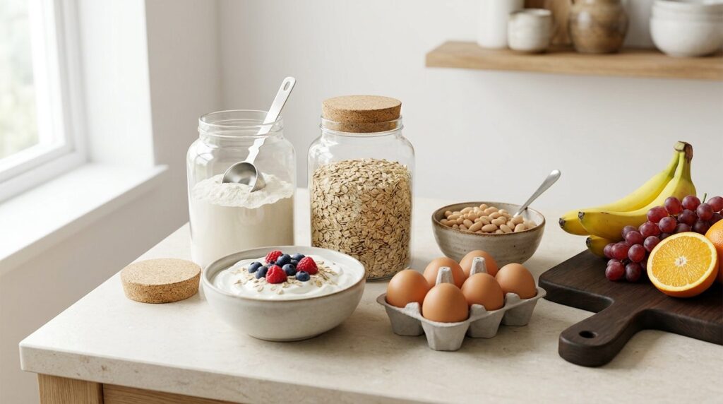 Proteinrige fødevarer på køkkenbord: proteinpulver, æg, yoghurt, havregryn, bønner og frisk frugt.