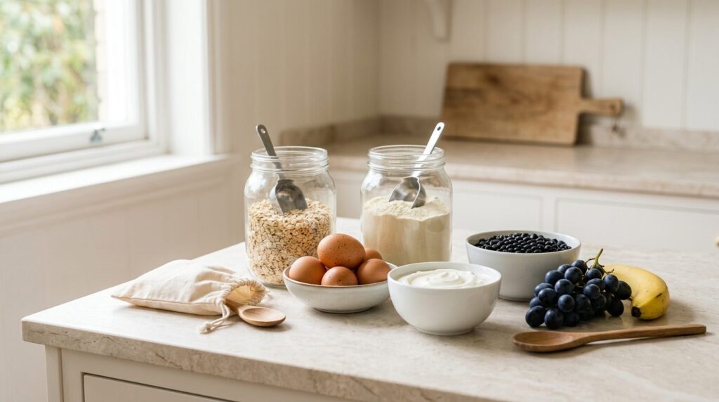 Proteinpulver i glaskrukker, æg, skyr, havregryn, bønner og frisk frugt på hvid bordplade i dagslys.