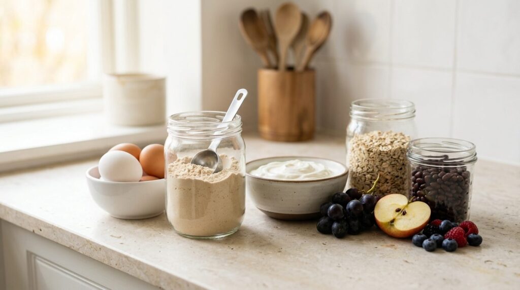 Proteinpulver i glaskrukker, æg, skyr, havregryn, bønner og frisk frugt på et lyst bord.