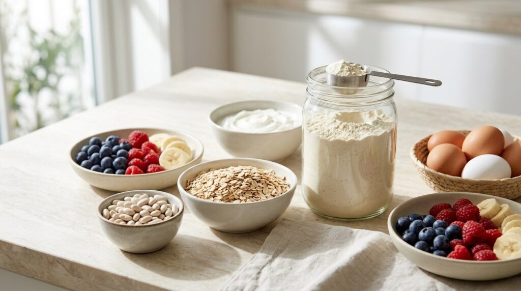Protein-rige fødevarer som pulver, æg, yoghurt, havregryn, bønner og frisk frugt på hvid arbejdsplade i naturligt lys.